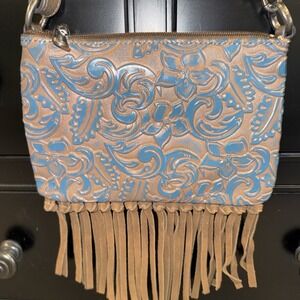 Justin Convertible Bag Wristlet Brown Blue Embossed Leather Fringe Western‎ New